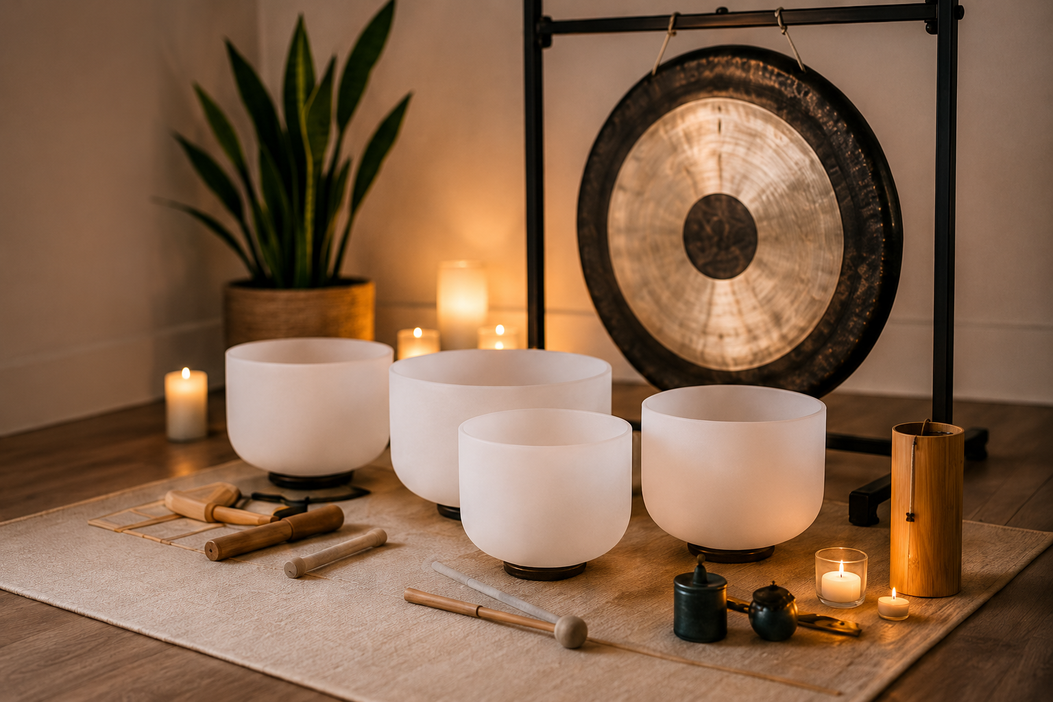 Sound meditation instruments including bowls and gong