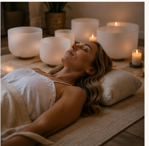 Relaxing sound meditation session with people lying on the floor